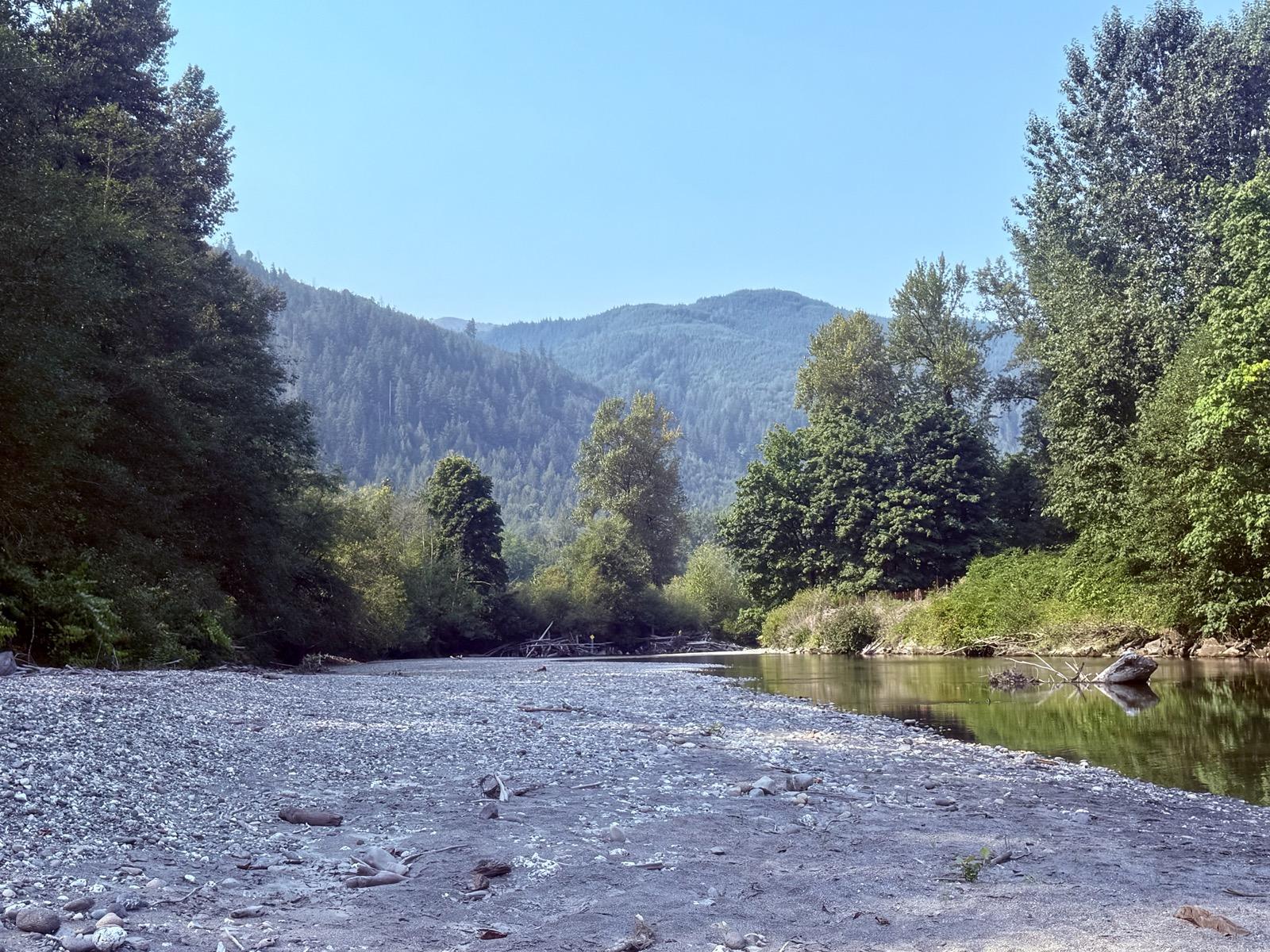 South Fork of the Nooksack River at River Farm, mountains in background